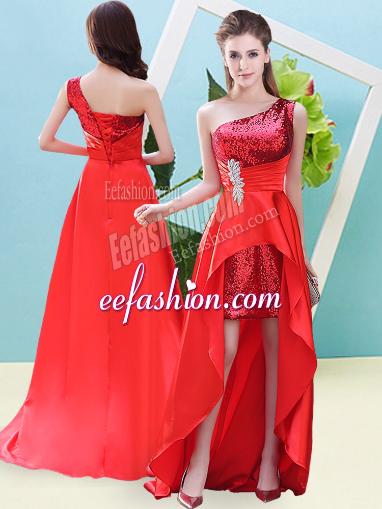  Elastic Woven Satin and Sequined One Shoulder Sleeveless Lace Up Beading and Sequins Prom Dress in Red