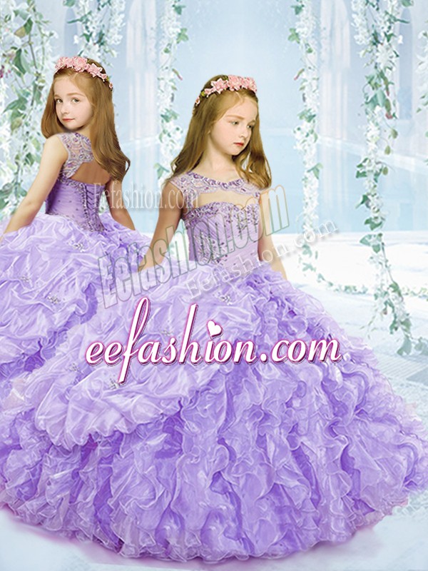 Modern Floor Length Lavender Little Girls Pageant Dress Organza Sleeveless Beading and Ruffles and Pick Ups