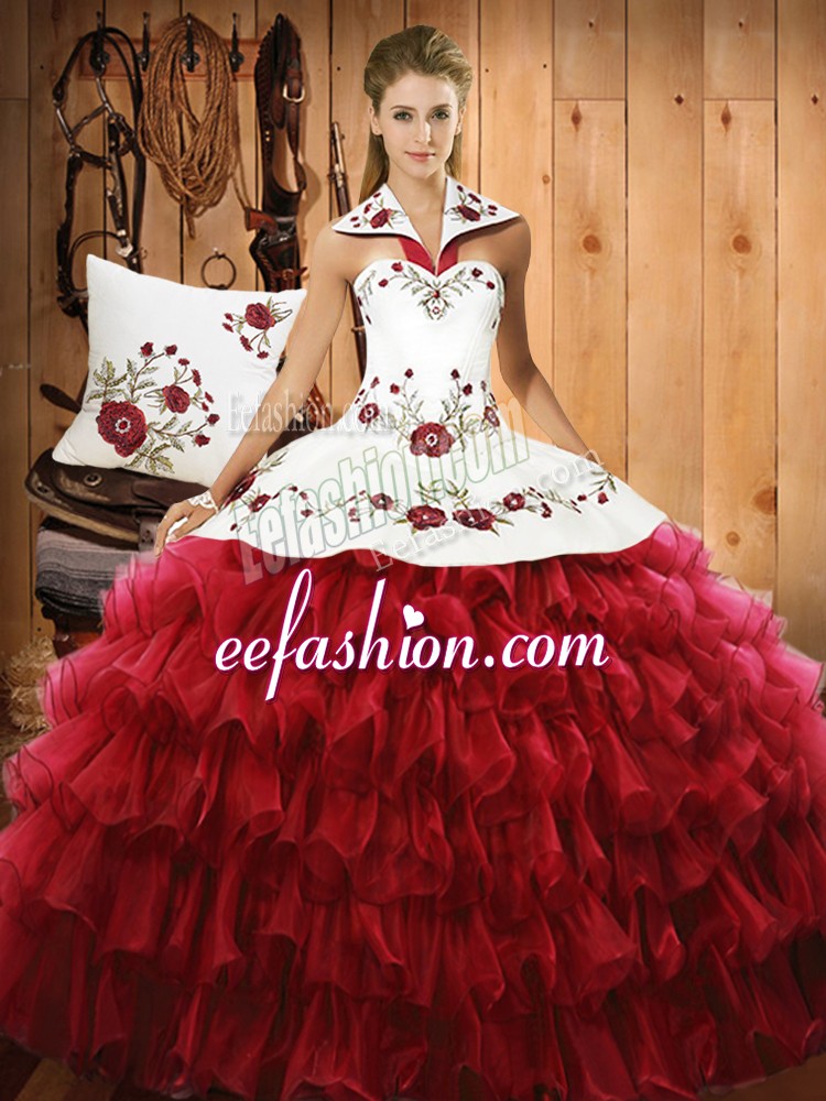  Halter Top Sleeveless Sweet 16 Dress Floor Length Embroidery and Ruffled Layers Wine Red Organza