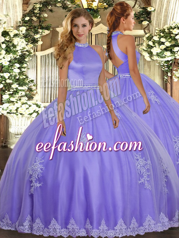Superior Tulle Halter Top Sleeveless Backless Beading and Appliques Sweet 16 Dress in Lavender