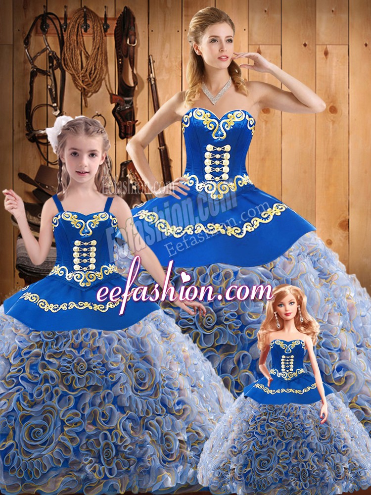 Wonderful Sweetheart Sleeveless Fabric With Rolling Flowers Quinceanera Gowns Embroidery Sweep Train Lace Up