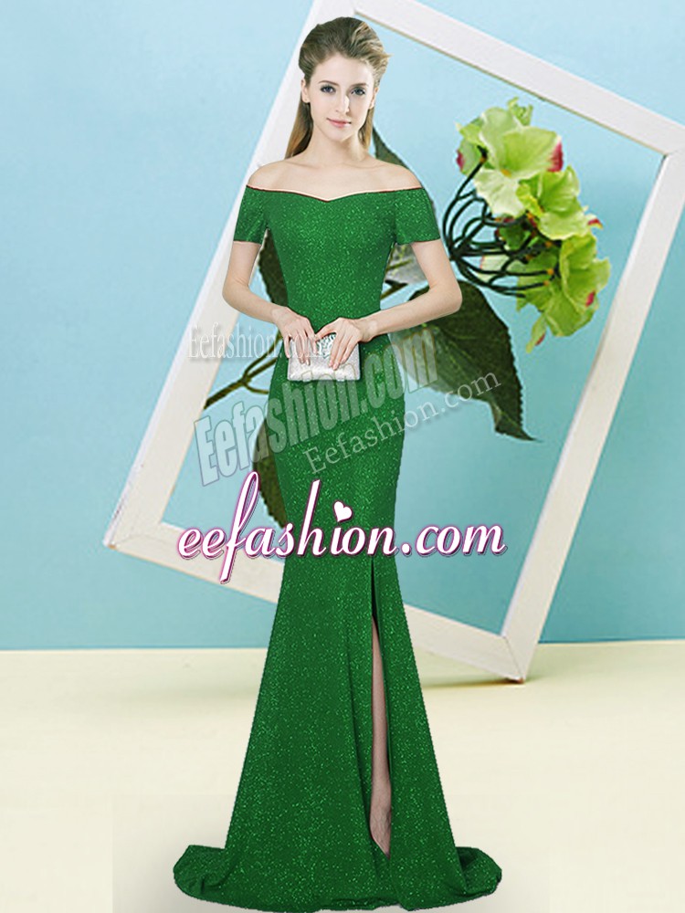  Green Zipper Dress for Prom Sequins Short Sleeves Sweep Train