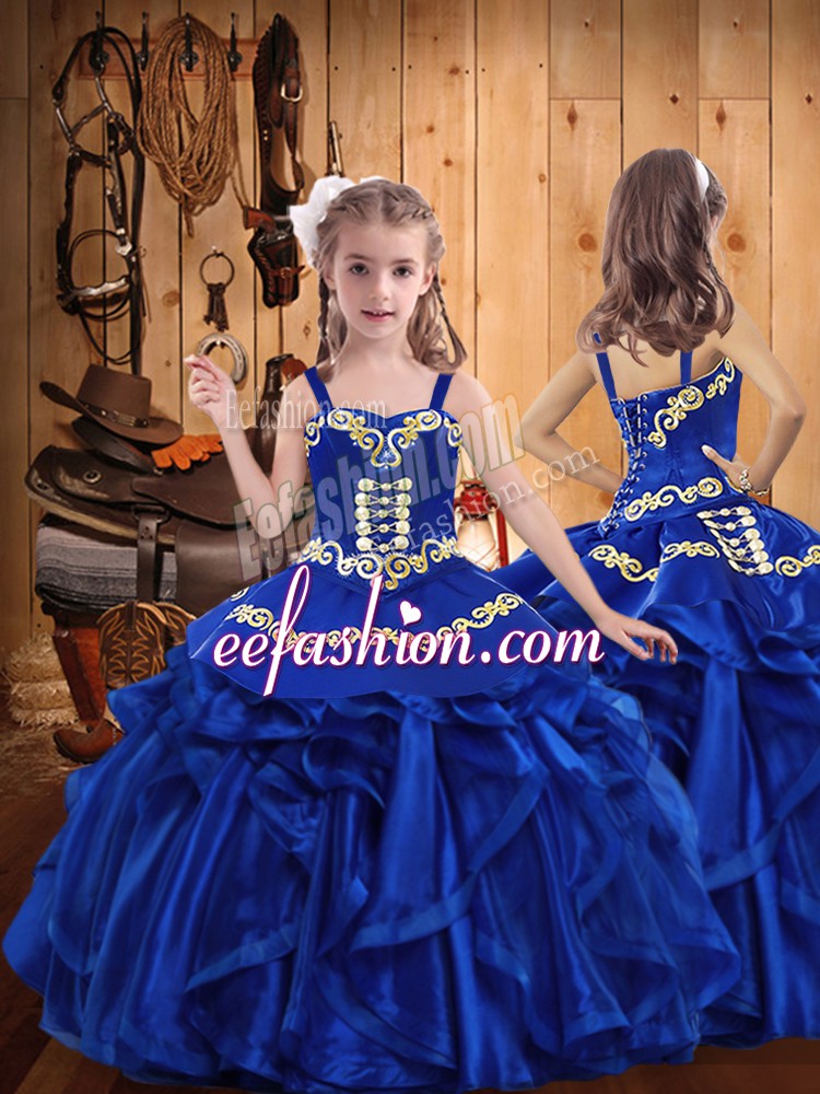  Ball Gowns Kids Formal Wear Royal Blue Straps Organza Sleeveless Floor Length Lace Up