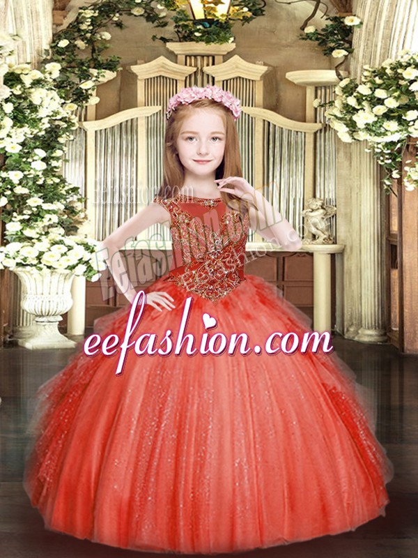 Trendy Sleeveless Floor Length Beading and Ruffles Zipper Kids Pageant Dress with Red