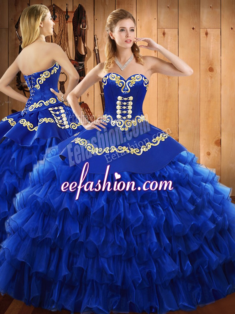 Adorable Blue Sleeveless Floor Length Embroidery and Ruffled Layers Lace Up 15 Quinceanera Dress