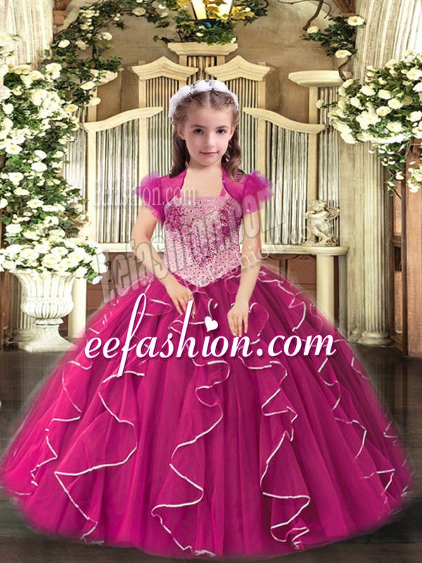 Hot Sale Floor Length Fuchsia Custom Made Pageant Dress Tulle Sleeveless Embroidery and Ruffles