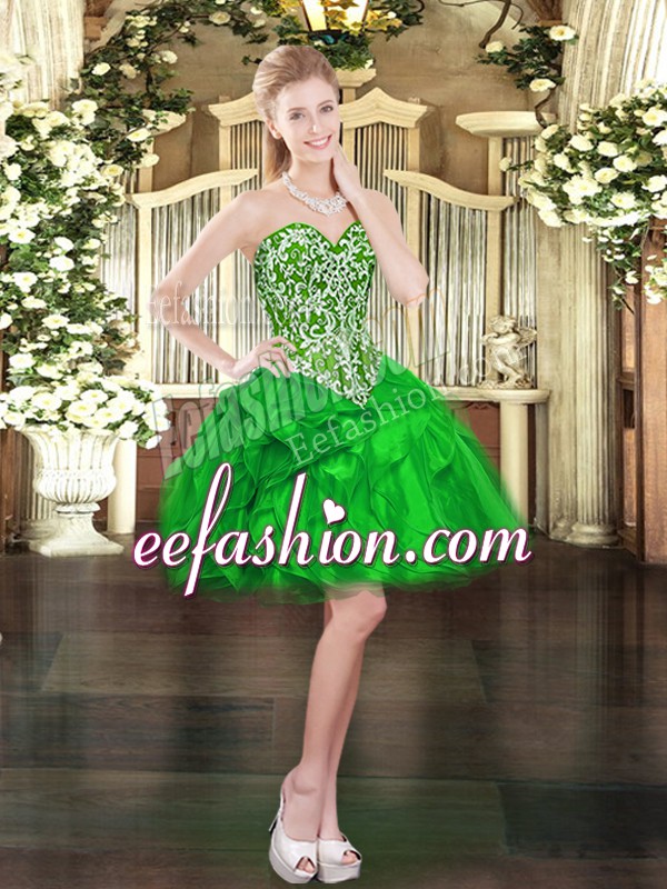 Green Ball Gowns Beading and Ruffles Evening Dress Lace Up Organza Sleeveless Mini Length