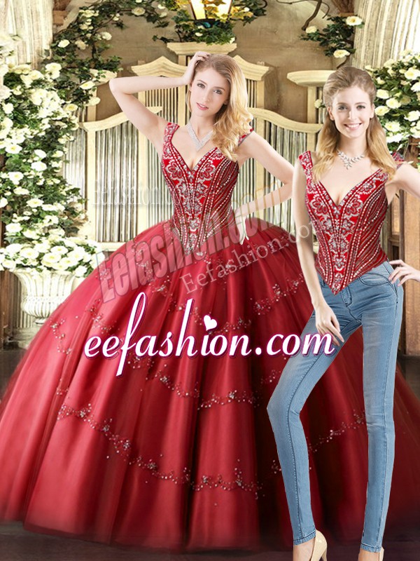 On Sale Sleeveless Floor Length Beading Lace Up Vestidos de Quinceanera with Wine Red