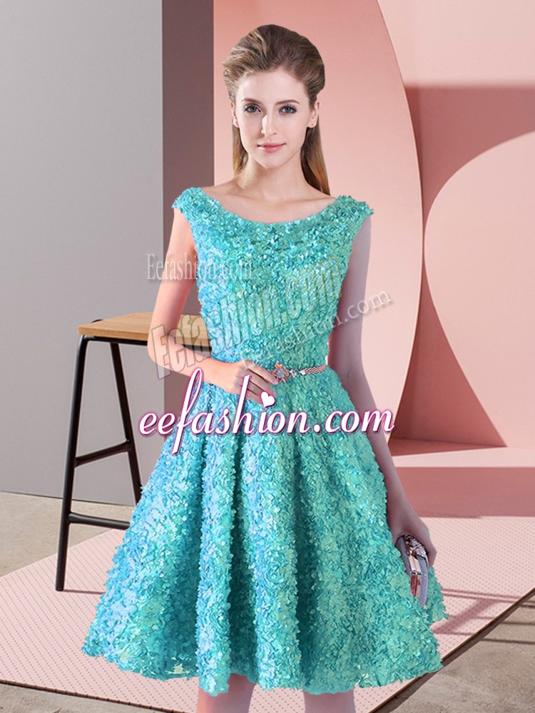Shining Aqua Blue Scoop Neckline Belt Prom Party Dress Sleeveless Lace Up