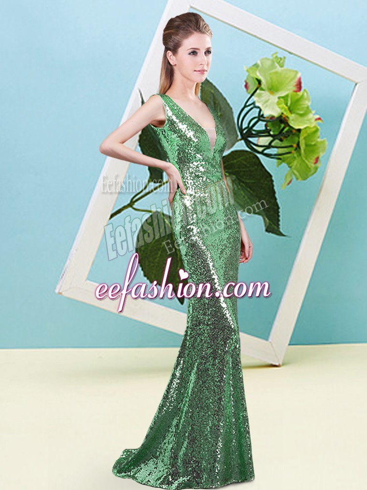 Best Selling Green V-neck Zipper Sequins Prom Gown Sleeveless