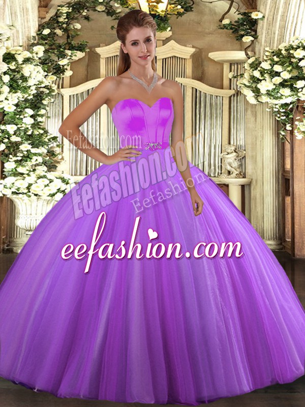 Hot Selling Sleeveless Floor Length Beading Lace Up Quinceanera Dress with Eggplant Purple