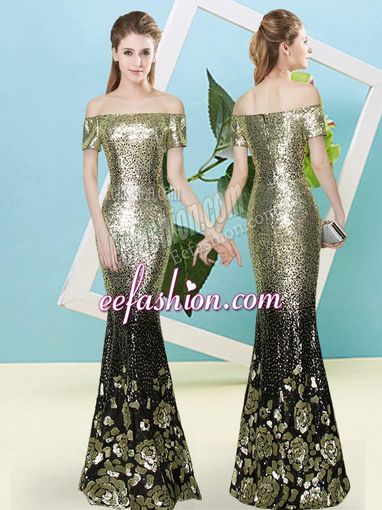 Hot Sale Gold Zipper Prom Dresses Sequins Short Sleeves Floor Length