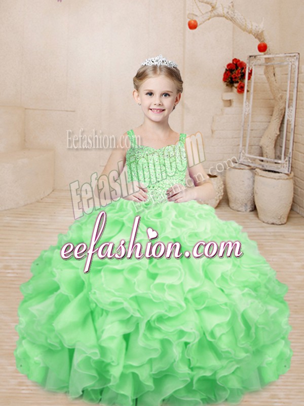  Apple Green Straps Lace Up Beading and Ruffles Kids Pageant Dress Sleeveless