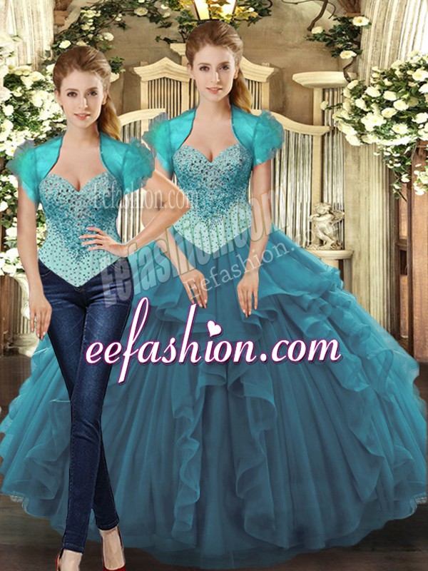 Decent Teal Tulle Lace Up Straps Sleeveless Floor Length Sweet 16 Dress Beading and Ruffles