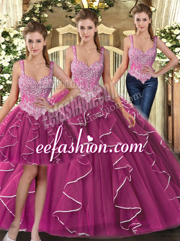 Custom Design Floor Length Ball Gowns Sleeveless Fuchsia 15th Birthday Dress Lace Up