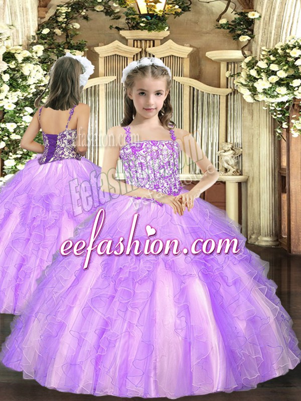 Affordable Straps Sleeveless Pageant Dress Wholesale Floor Length Beading and Ruffles Lavender Tulle