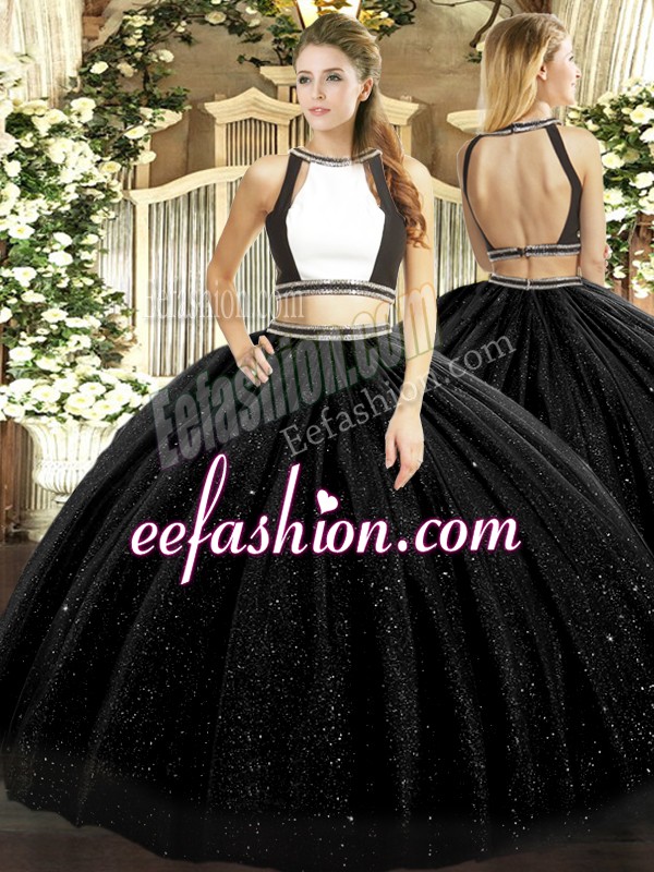 Custom Fit Black Tulle Backless Halter Top Sleeveless Floor Length 15 Quinceanera Dress Ruching