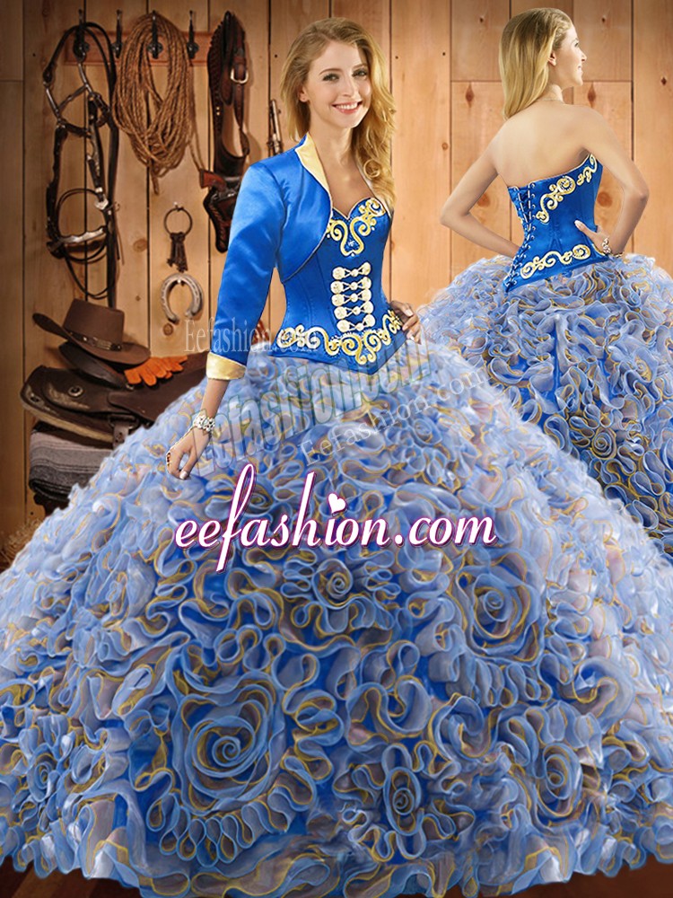 Multi-color Ball Gowns Sweetheart Sleeveless Satin and Fabric With Rolling Flowers With Train Sweep Train Lace Up Embroidery Quinceanera Dresses