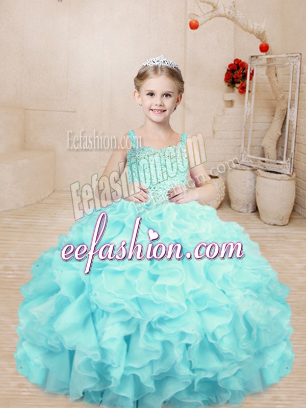  Organza Sleeveless Floor Length Little Girl Pageant Dress and Beading and Ruffles
