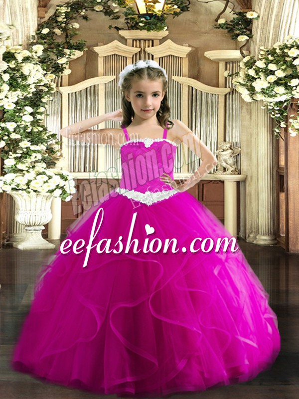 Fashion Straps Sleeveless Tulle Little Girls Pageant Gowns Appliques and Ruffles Lace Up