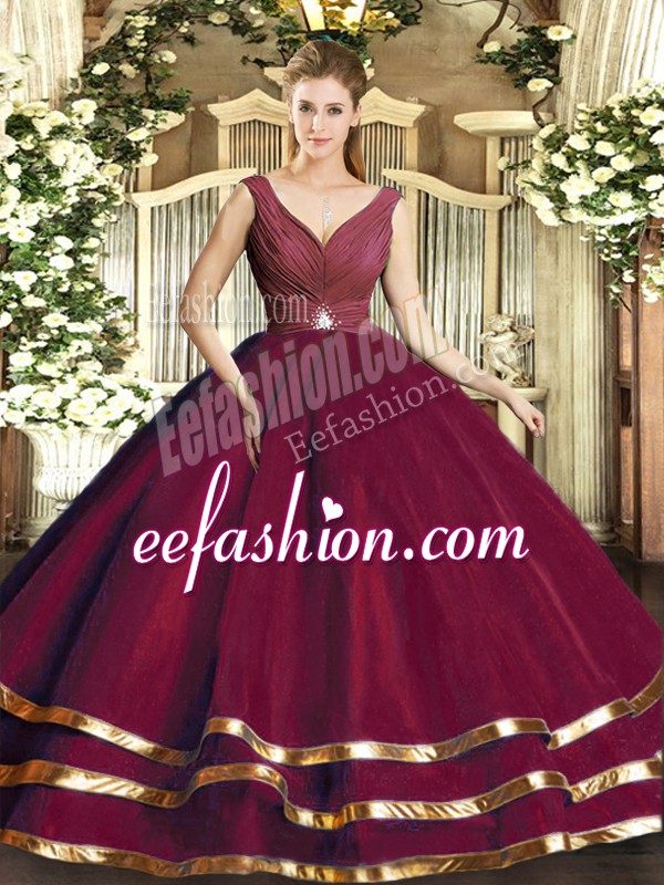 Fabulous Burgundy Sweet 16 Dresses Sweet 16 and Quinceanera with Beading and Ruffled Layers and Ruching V-neck Sleeveless Backless
