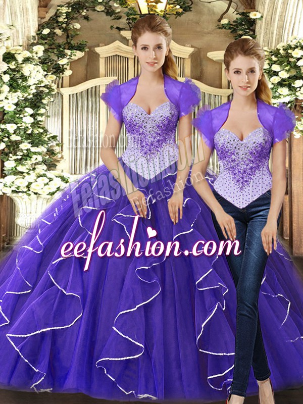Romantic Tulle Straps Sleeveless Lace Up Beading and Ruffles Quinceanera Dress in Purple