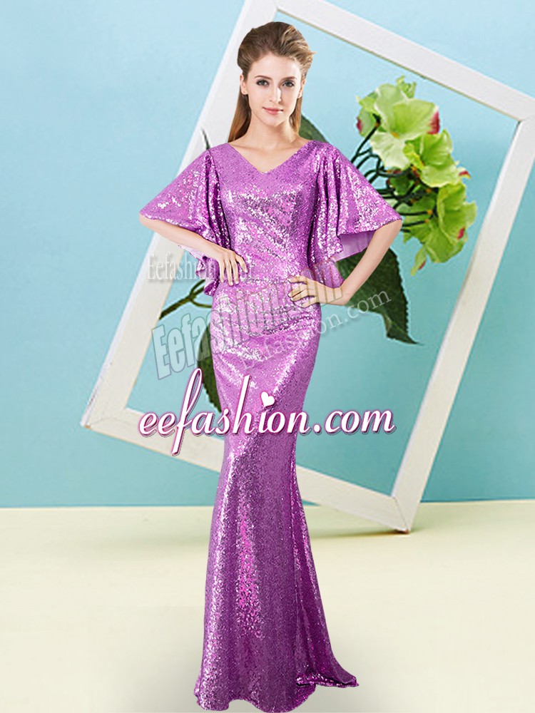 Luxurious Lilac Half Sleeves Floor Length Sequins Zipper Prom Evening Gown