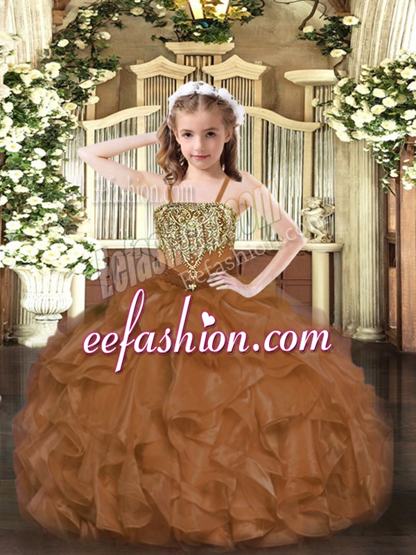  Organza Straps Sleeveless Lace Up Beading and Ruffles Evening Gowns in Brown