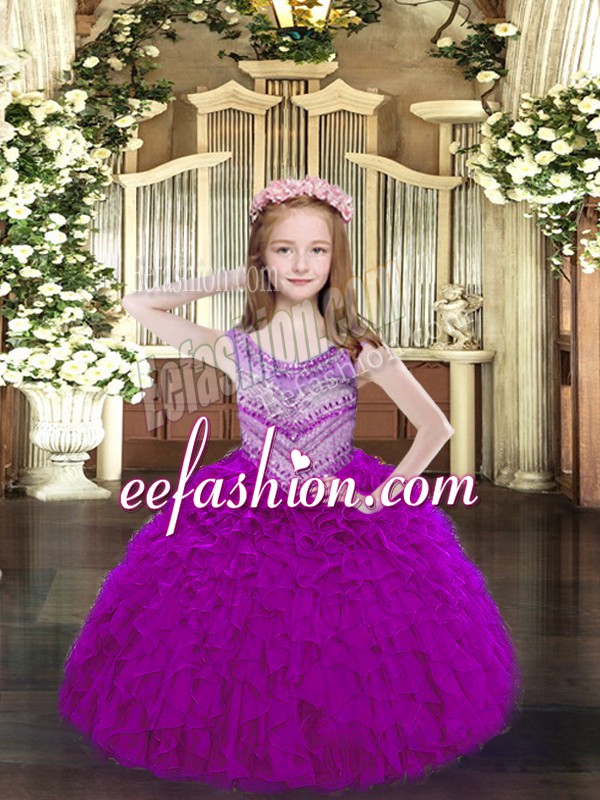  Beading and Ruffles Pageant Gowns Fuchsia Lace Up Sleeveless Floor Length
