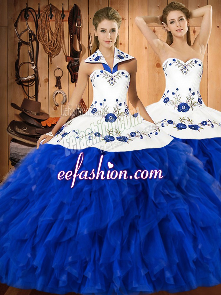  Floor Length Lace Up Quinceanera Gowns Blue And White for Military Ball and Sweet 16 and Quinceanera with Embroidery and Ruffles