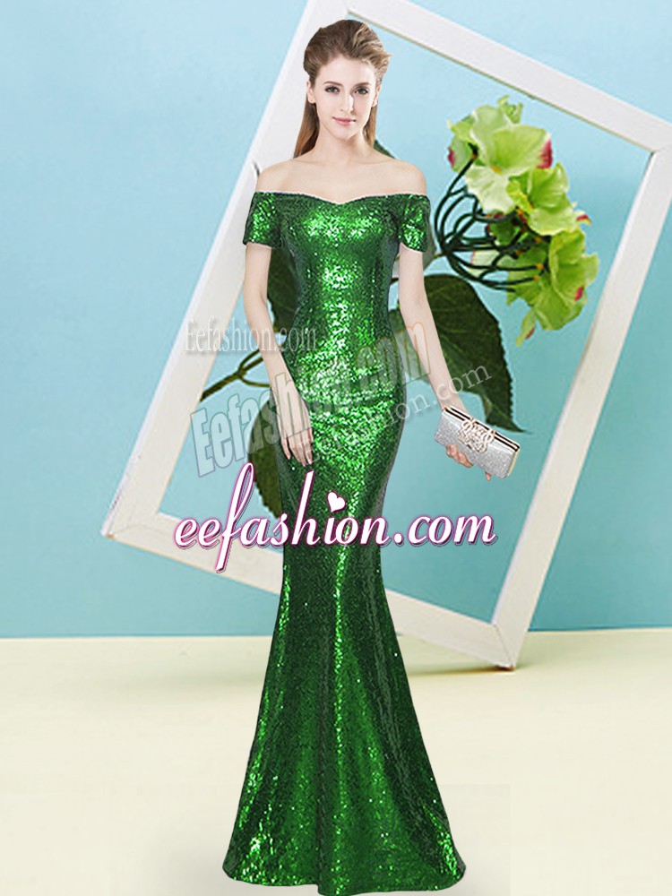  Off The Shoulder Short Sleeves Zipper Homecoming Dress Green Sequined