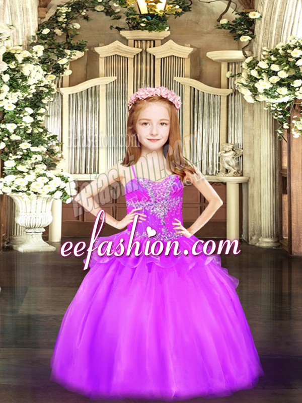 High Class Lilac Lace Up Little Girls Pageant Gowns Beading Sleeveless Floor Length