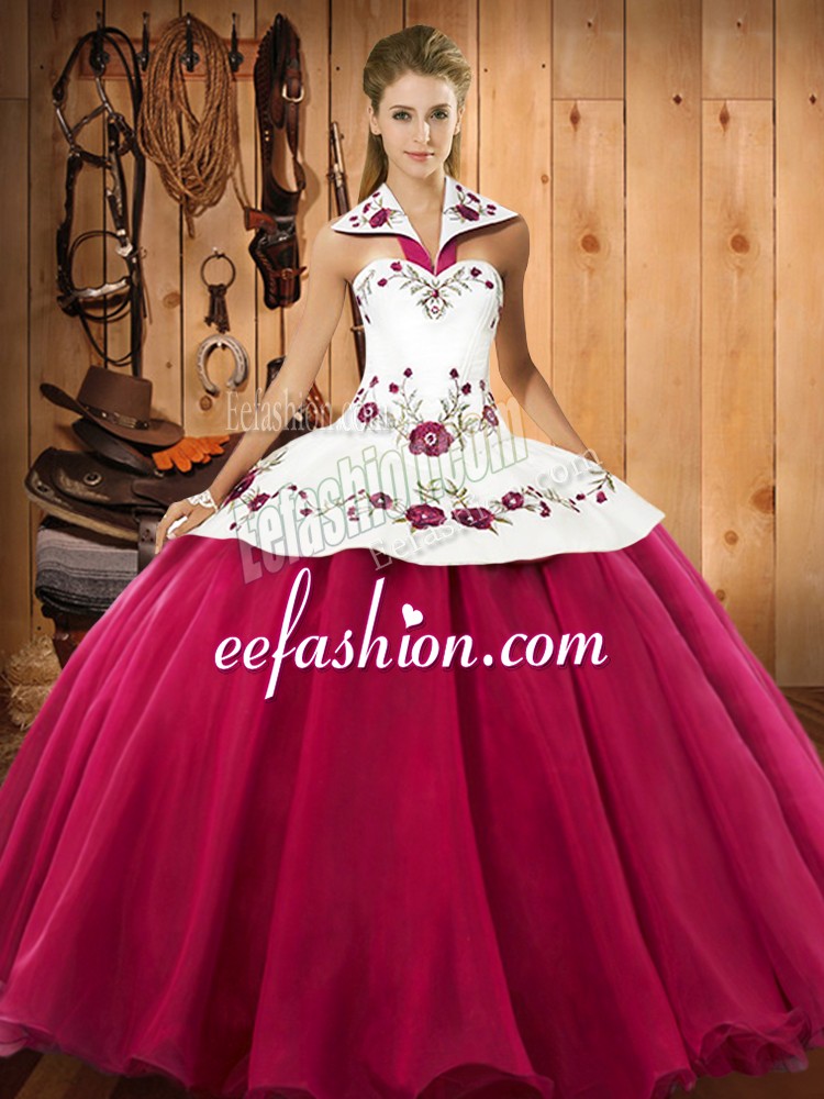 Lovely Hot Pink Ball Gowns Halter Top Sleeveless Satin and Tulle Floor Length Lace Up Embroidery 15 Quinceanera Dress