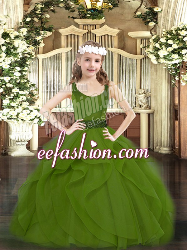 On Sale Olive Green Sleeveless Beading and Ruffles Floor Length Pageant Dress for Teens