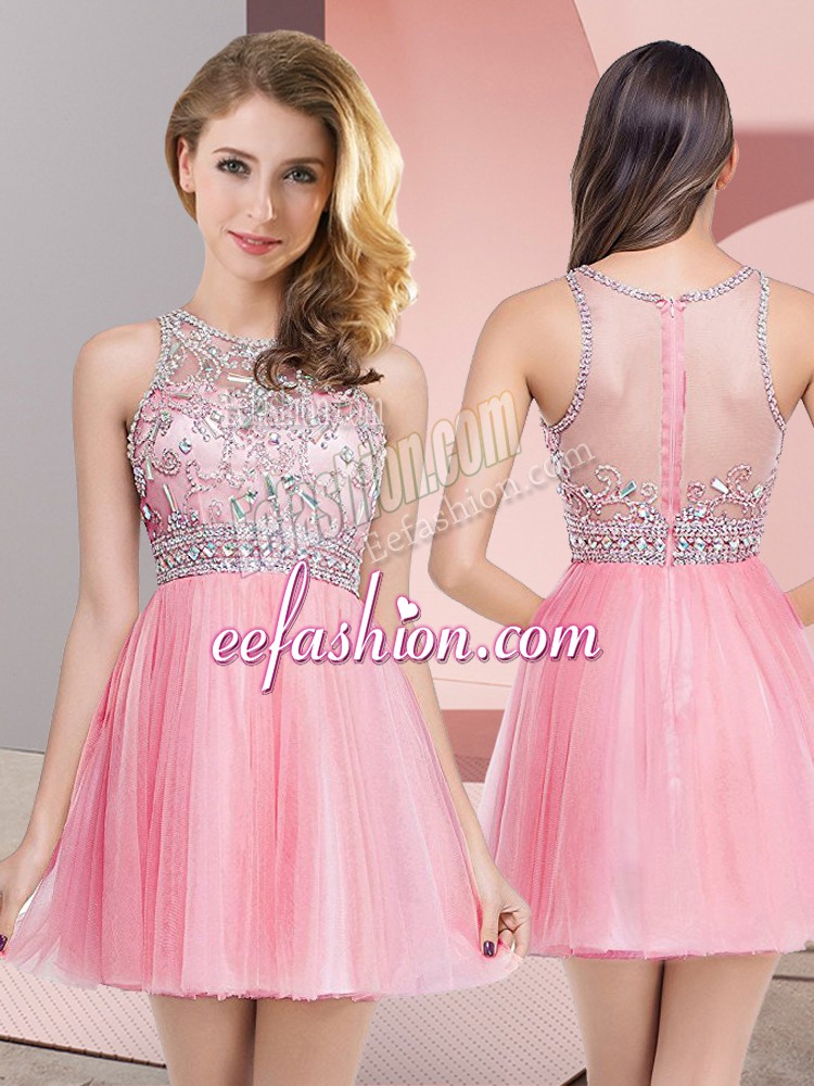  Rose Pink Tulle Zipper Prom Gown Sleeveless Mini Length Beading