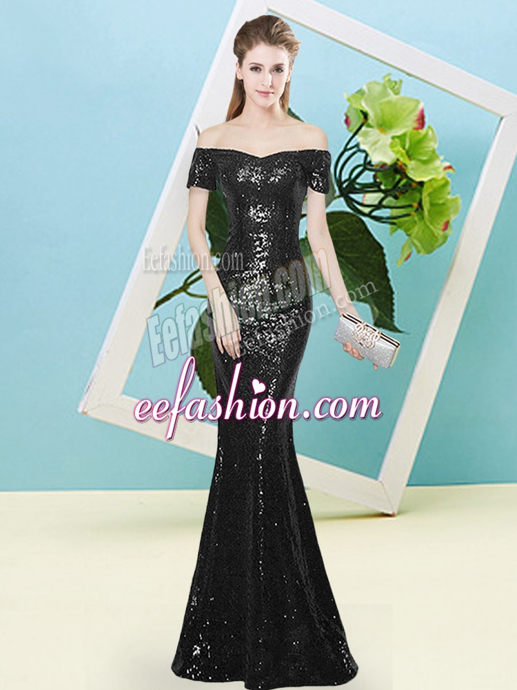Elegant Floor Length Mermaid Short Sleeves Black Prom Party Dress Zipper