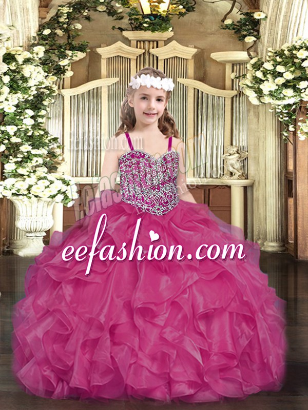  Fuchsia Sleeveless Organza Lace Up Little Girls Pageant Dress Wholesale for Party and Quinceanera