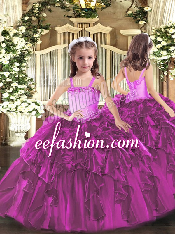  Straps Sleeveless Lace Up Little Girl Pageant Dress Fuchsia Organza