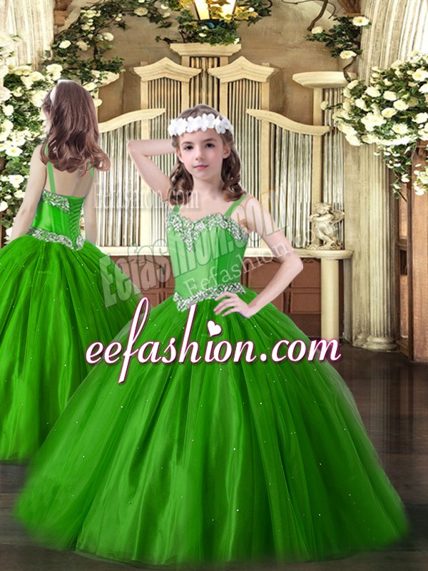  Sleeveless Tulle Floor Length Lace Up Pageant Dress for Teens in Green with Beading