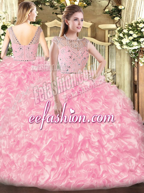 Beading and Ruffles Quinceanera Dresses Rose Pink Zipper Sleeveless Floor Length