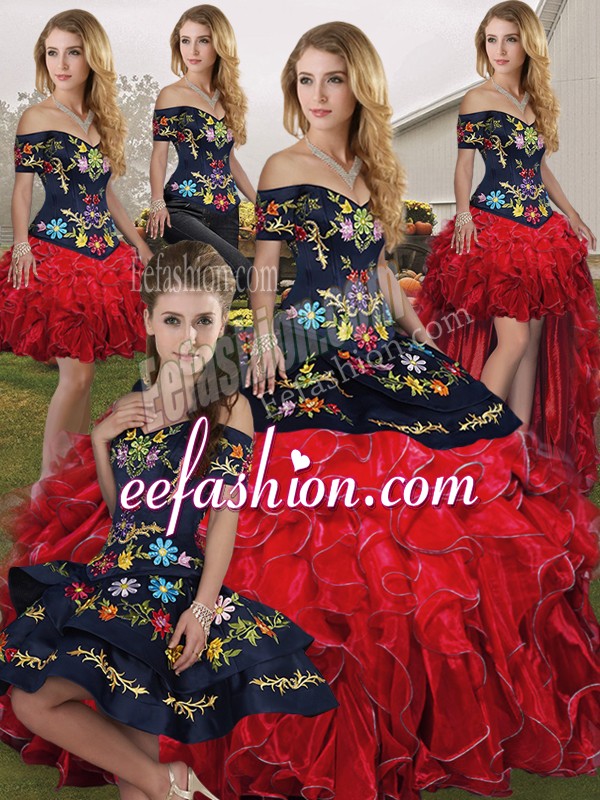 Comfortable Red And Black Ball Gowns Organza Off The Shoulder Sleeveless Embroidery and Ruffles Floor Length Lace Up Quinceanera Dresses