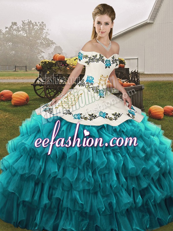  Sleeveless Floor Length Embroidery and Ruffled Layers Lace Up Sweet 16 Dress with Teal 