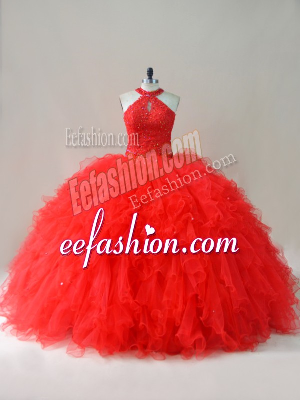  Halter Top Sleeveless Quinceanera Gowns Floor Length Beading and Ruffles Red Tulle