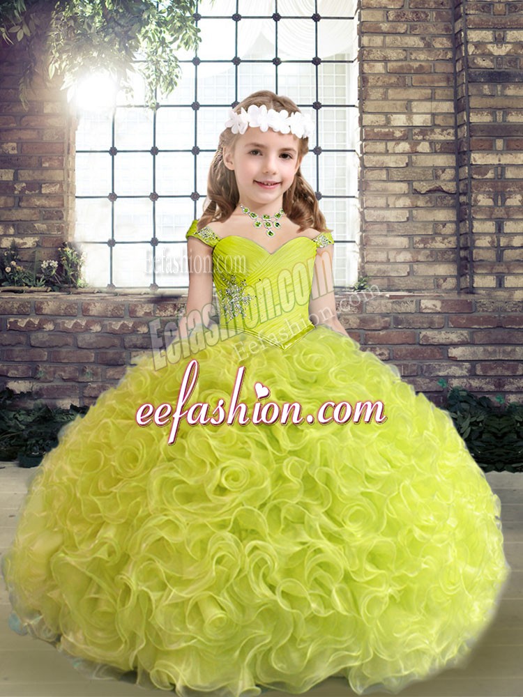 Most Popular Ball Gowns Little Girls Pageant Dress Wholesale Yellow Green Straps Fabric With Rolling Flowers Sleeveless Floor Length Lace Up