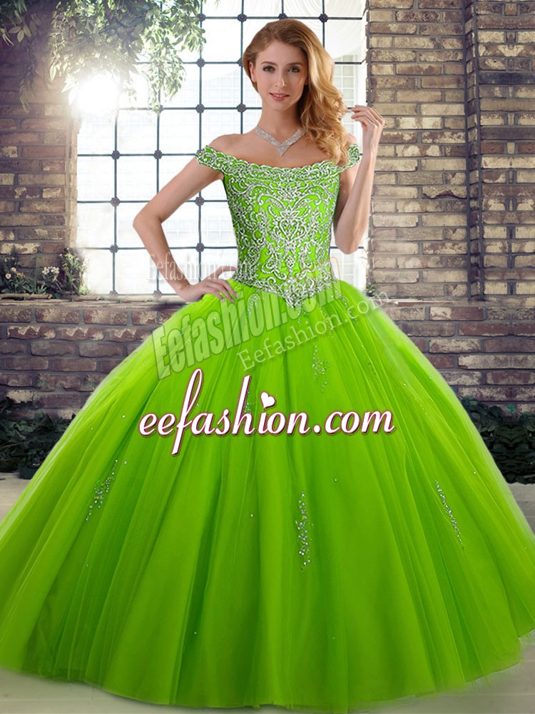  Off The Shoulder Sleeveless Tulle 15 Quinceanera Dress Beading Lace Up