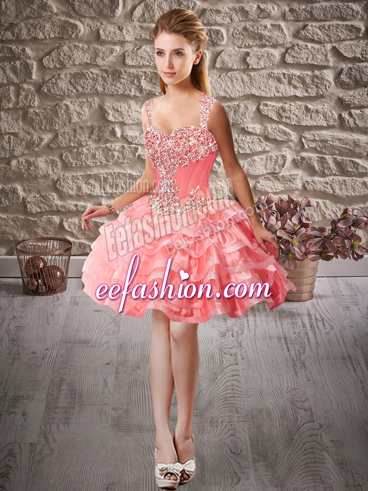 Glamorous Watermelon Red Sleeveless Beading and Ruffled Layers Mini Length Evening Dress