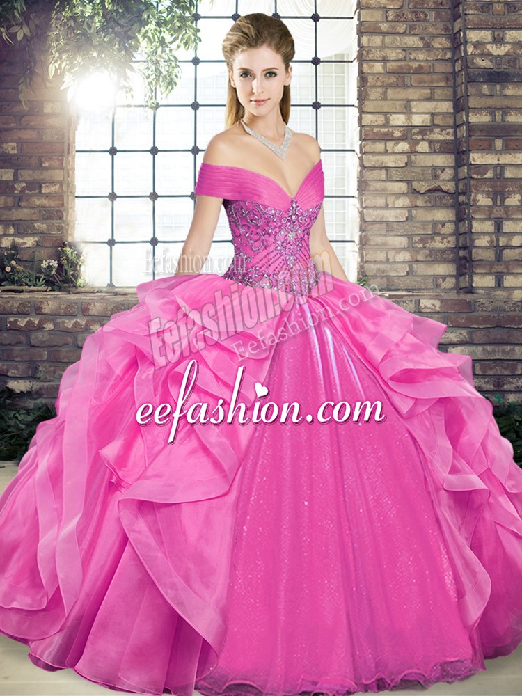  Off The Shoulder Sleeveless Lace Up Ball Gown Prom Dress Rose Pink Organza