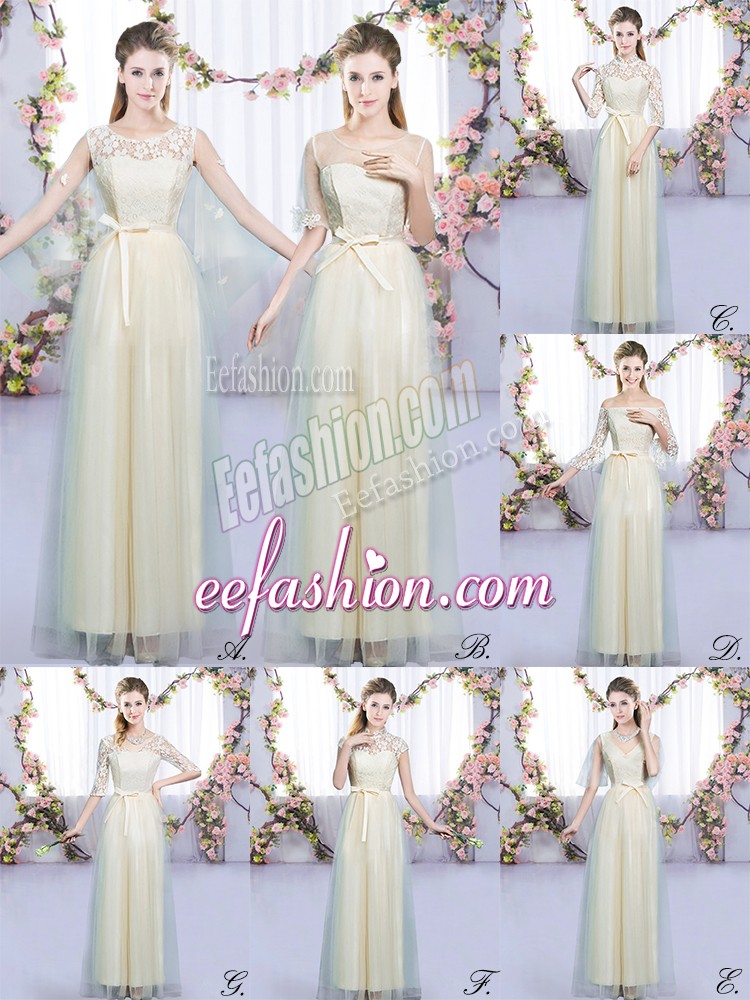 Luxury Champagne Lace Up Bridesmaids Dress Lace and Bowknot Sleeveless Floor Length