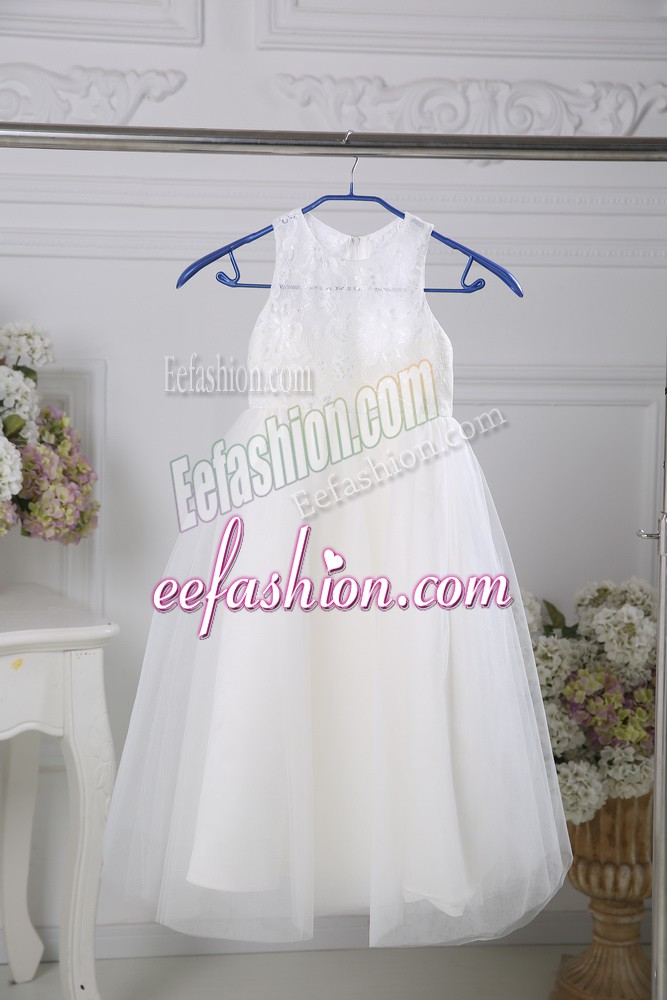  Sleeveless Tulle Floor Length Zipper Flower Girl Dresses for Less in White with Lace