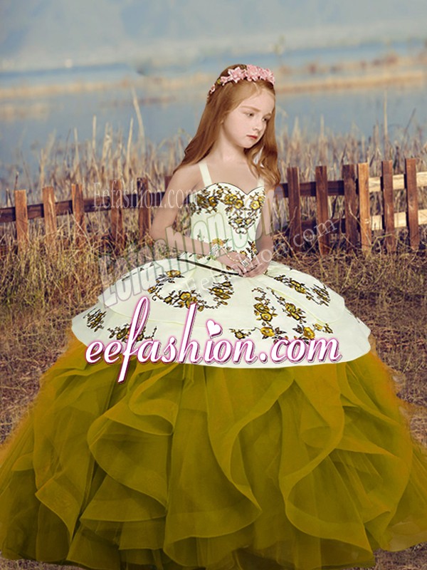  Olive Green Kids Pageant Dress Party and Wedding Party with Embroidery and Ruffles Straps Sleeveless Lace Up